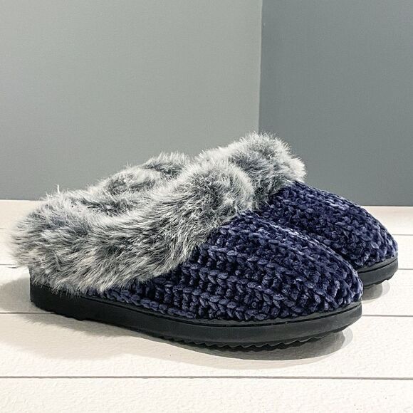 Dearfoam Women’s Faux Fur Chenille Knit Memory Foam Slippers In Navy Peacoat 5/6 - Picture 3 of 8